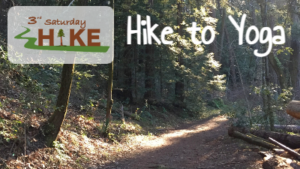 Photo of trail through the redwoods with the 3rd Saturday Hike logo and text that reads Hike to Yoga