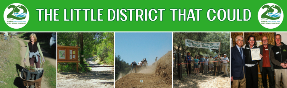 Banner with collage of photos of people on trails, volunteer activity, and the NOSD Board. 2 20th anniversary logos and text reading The Little District That Could