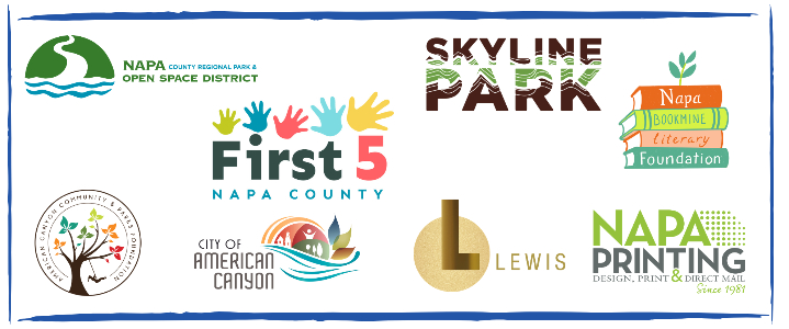 Partner logos for the 2026 Napa StoryWalk - Napa Open Space District, First 5 Napa County, Skyline Park, Napa Bookmine Foundation, American Canyon Community and Parks Foundation, City of American Canyon, Lewis Cellars, Napa Printing
