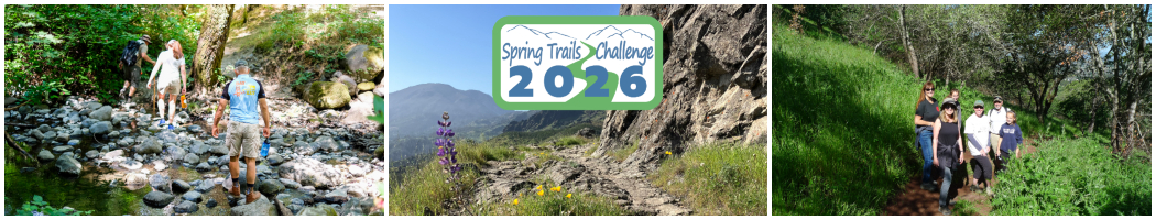 Collage of photos of people on trails with the Spring Trails Challenge Logo